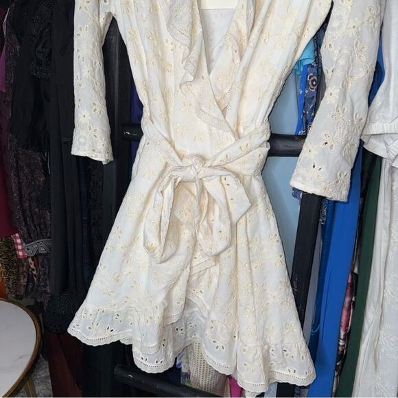 Sézane Asianne Ecru Eyelet Wrap Mini Dress - Picture 7 of 15